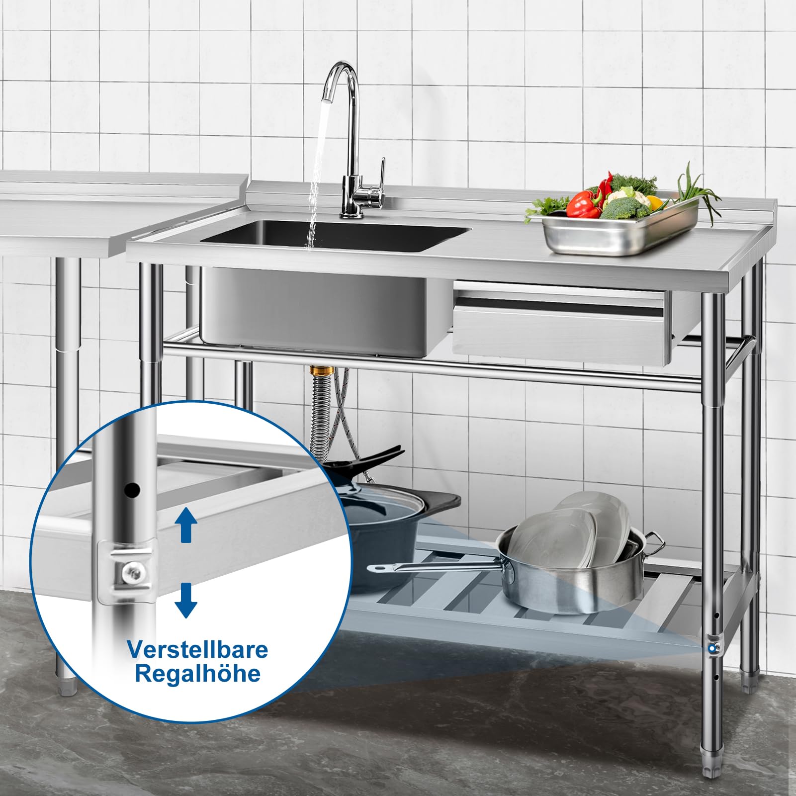 Trintion Freistehende Edelstahl Spültisch, 1 Becken mit Rechte Schublade, Gewerbliche Spülbecken mit Wasserhahn,Kalt und Warmwasserschläuchen, Innen-und Außenspüle für Waschküche, Bauernhaus(99cm)