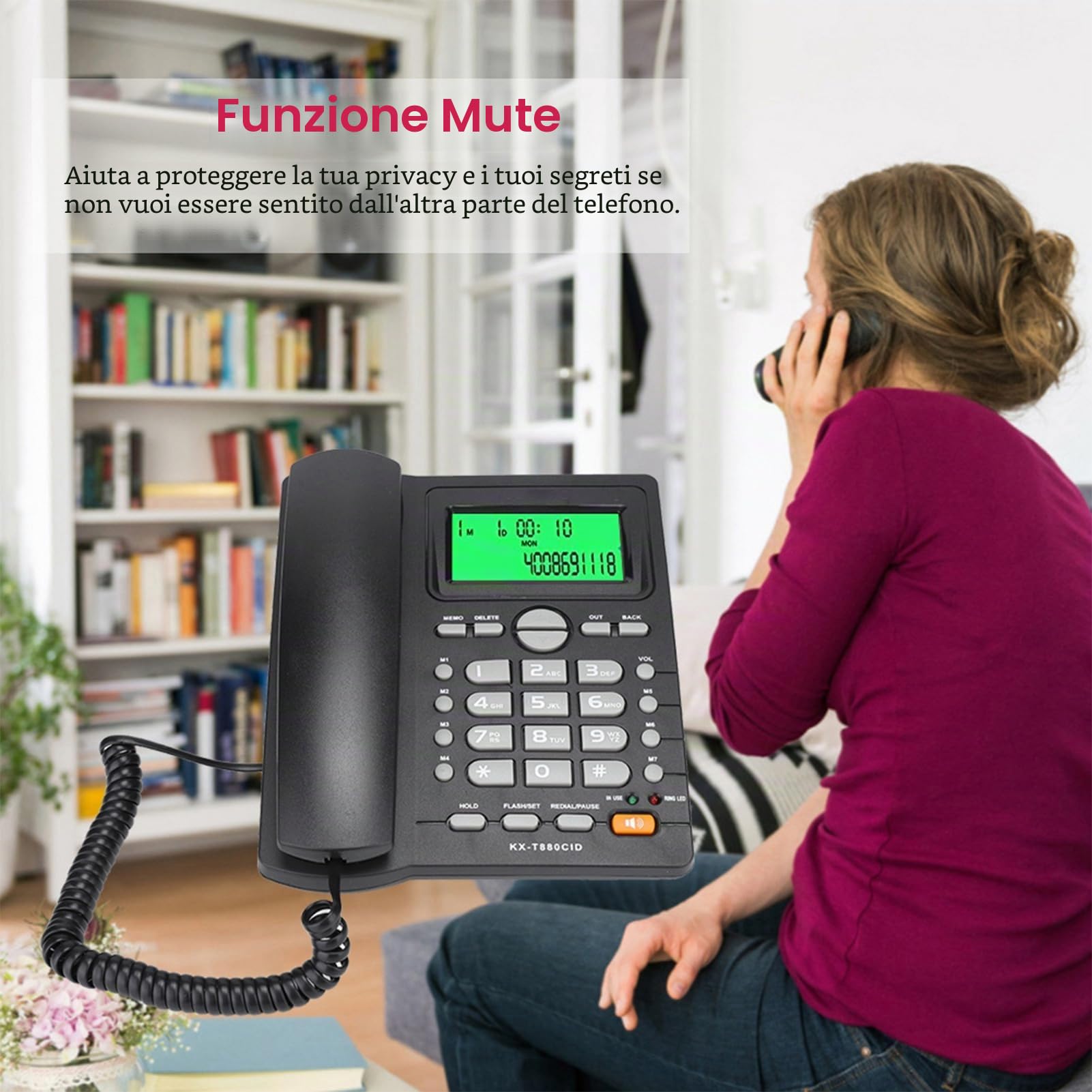 Telefono Fisso con Cavo, KX-T880C Telefono Fisso da Tavolo Senza Batteria Funzione di Visualizzazione 'ID Chiamante Muto Telefono Cablato Portatile per Casa, Hotel, Ufficio, Chiamate(Nero)