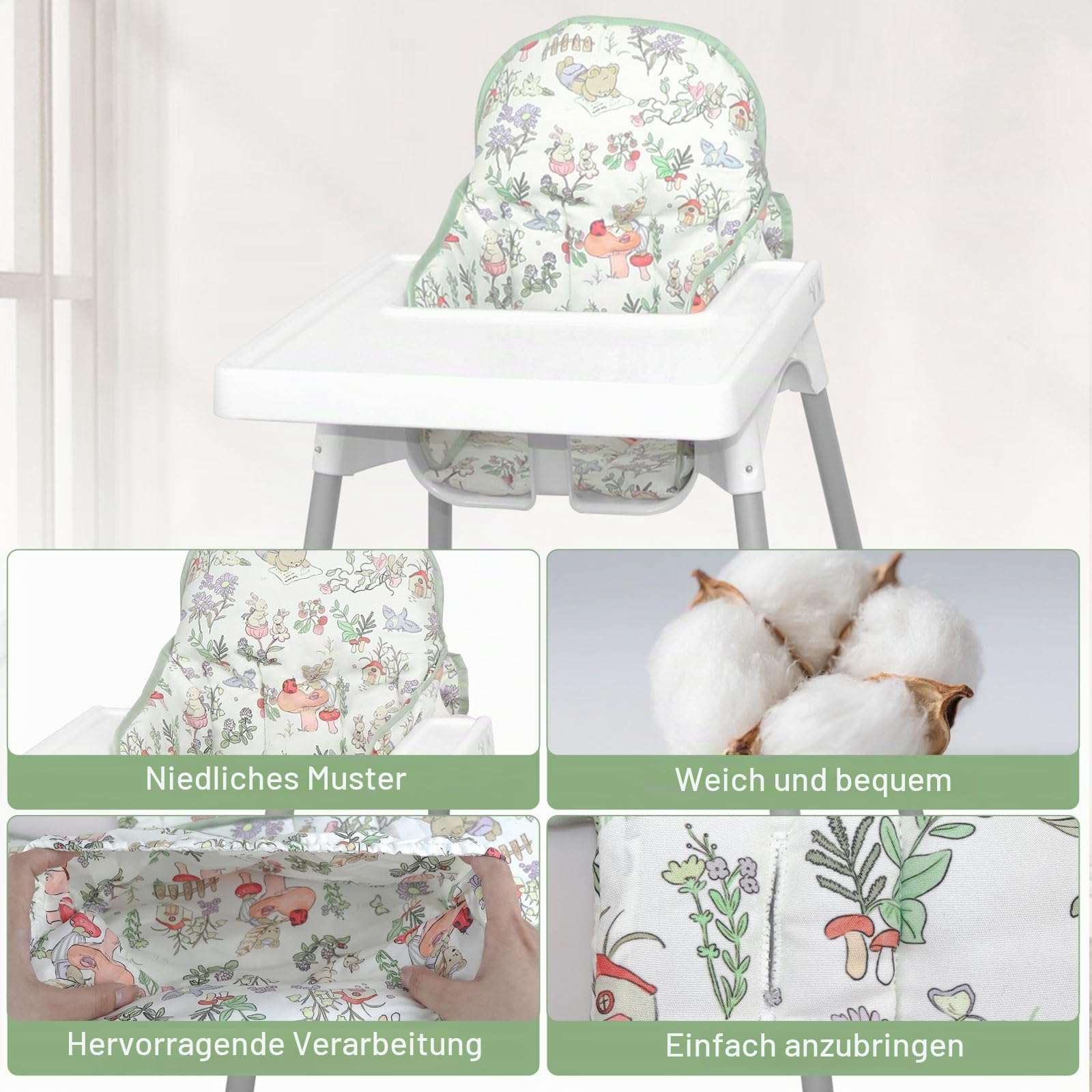 Für IKEA Hochstuhlkissen, für Antilop-Kissen, mit Stuhltasche, für IKEA Antilop Hochstuhl, Baumwolle, rutschfest, weich, Baby sitzen bequemer (Grüner Bär Wald Tiermuster)