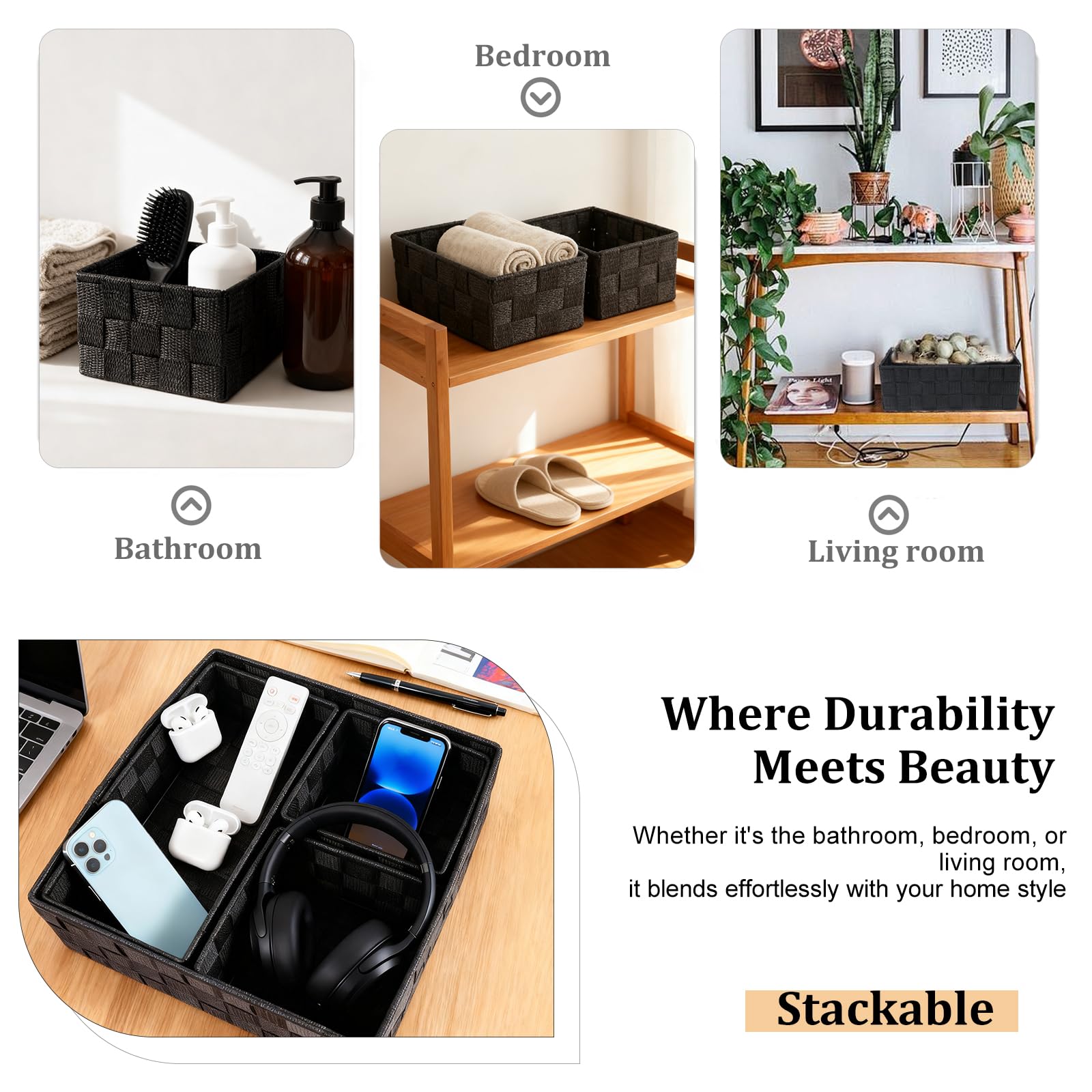 Set di 4 Organizzatori Impilabili in Rattan Sintetico Nero – Cestini Portaoggetti Senza Coperchio per Cucina, Bagno, Soggiorno e Camera | Pratici, Eleganti e Multifunzionali