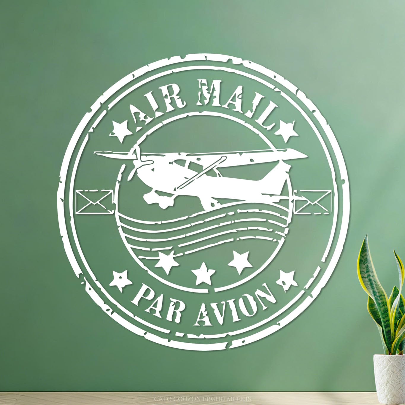 Par Avion Airmail French Paris Grunge Style Rubber Post Stamp Philatelist Airplane Wall Decals 54x54.8cm Waterproof White