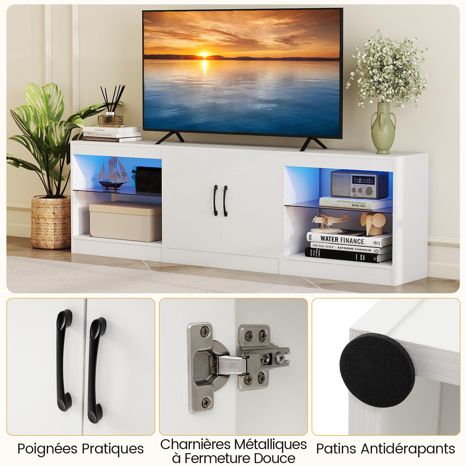 COSTWAY Meuble TV LED pour Télé 85", Meuble Télé Modulaire en 3 Pièces, Étagères en Verre Réglables, 16 Couleurs, Lminosité Télécommandée, Table TV pour Chambre, Salon, Gaming (Blanc)