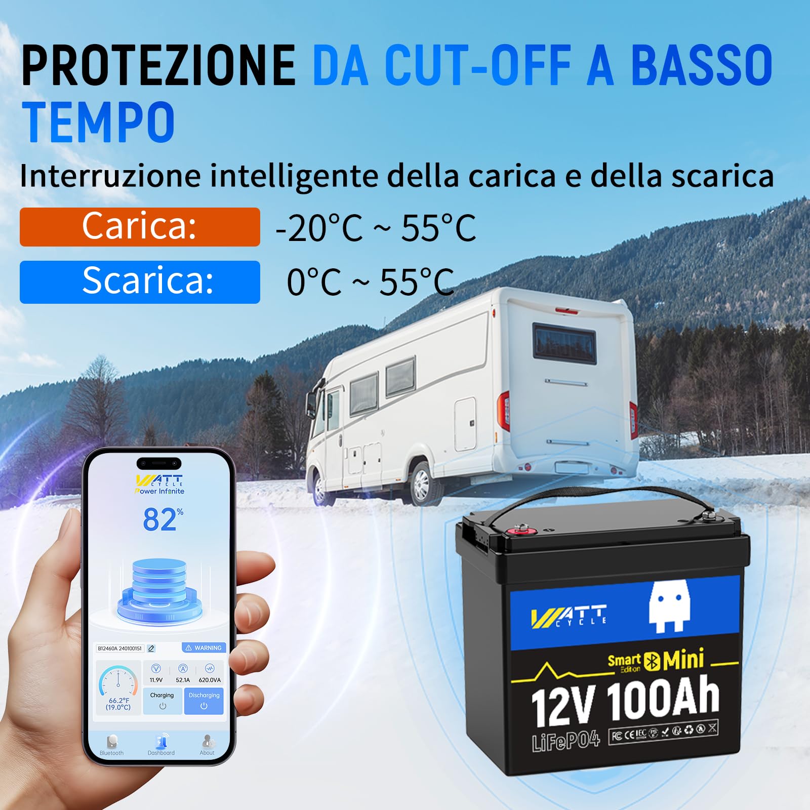 WattCycle Batteria LiFePO4 12V 100Ah con Bluetooth, Batteria al Litio 1280Wh con BMS Intelligente 100A, 15000+ Cicli, Protezione Bassa Temperatura, Batteria Deep Cycle per Camper, Barca, Fotovoltaico