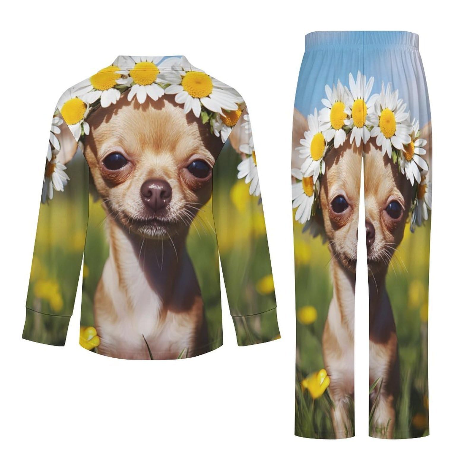 Conjunto de pijama elegante de perro chihuahua con estampado de flores para mujer, manga larga, botones y pantalones, ropa de descanso