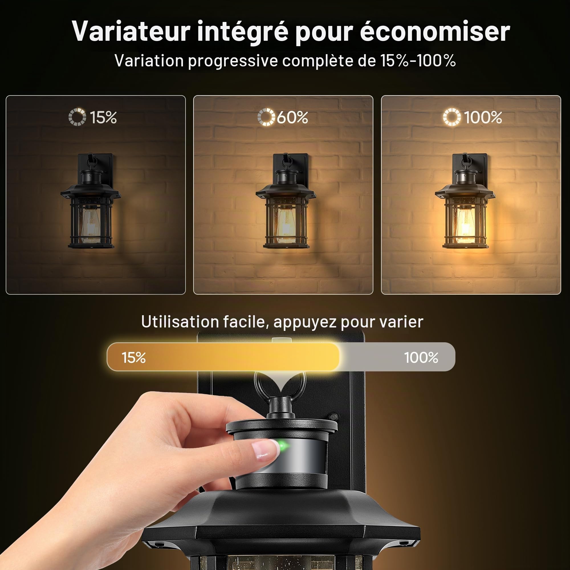VIANIS Lampe Extérieur avec Détecteur De Mouvement, Applique Murale Exterieur 4 Modes avec Verre à Grains, Lanterne Exterieur Moderne Noir en Aluminium, Luminaire Extérieur Antirouille à Culot E27