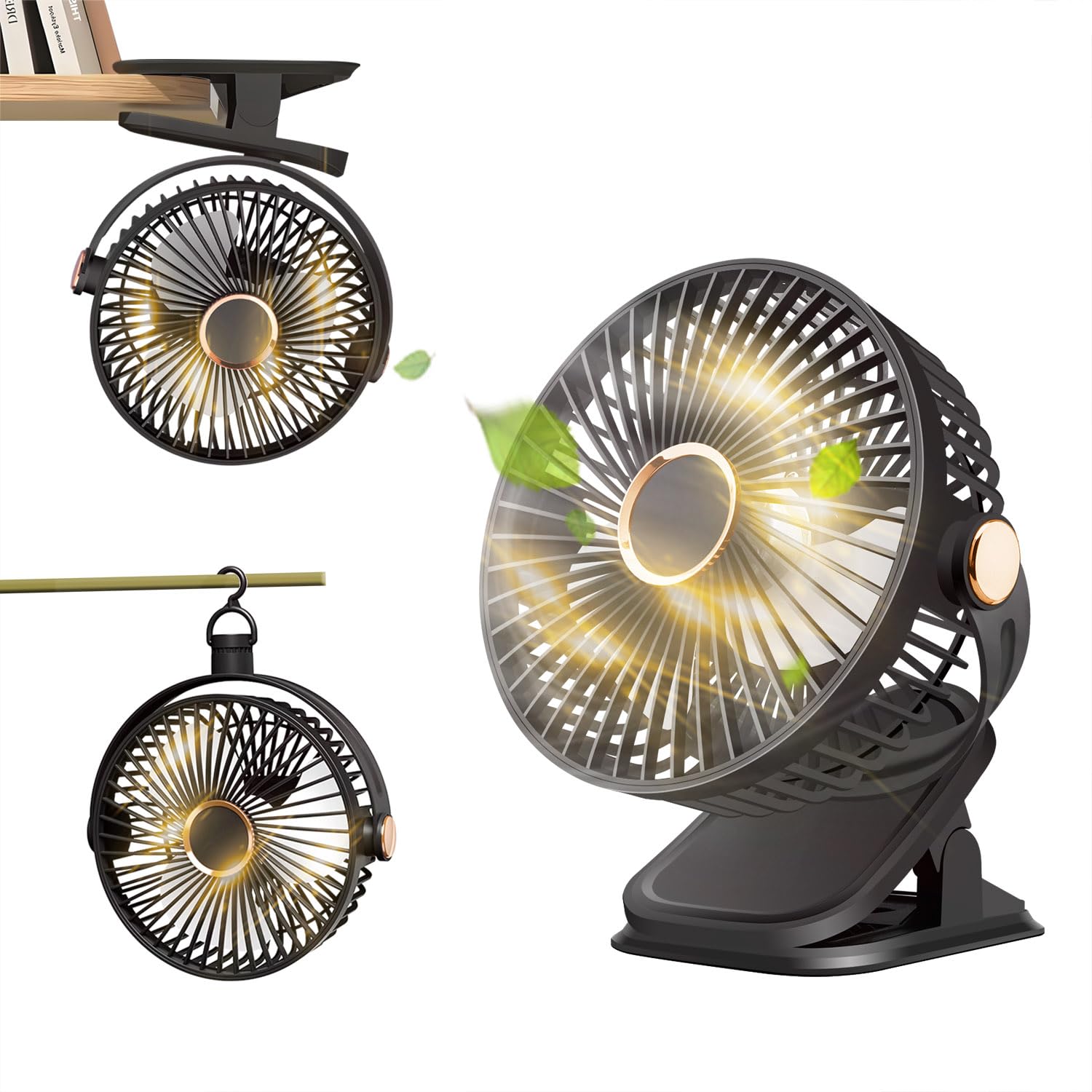 Portable Clip on Fan Battery Operated with LED Lights, Powerful USB Desk Fan, 5 Speed Quiet Rechargeable Table Fan, 720° Rotate Personal Cooling hang fan for Home Office Stroller Camping (Black)