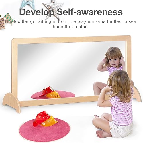 Miniatura 2 de Marco de madera Montessori de 3 posiciones, barra de dominadas de seguridad que no se rompe, juego de espejo grande para bebé, espejo de