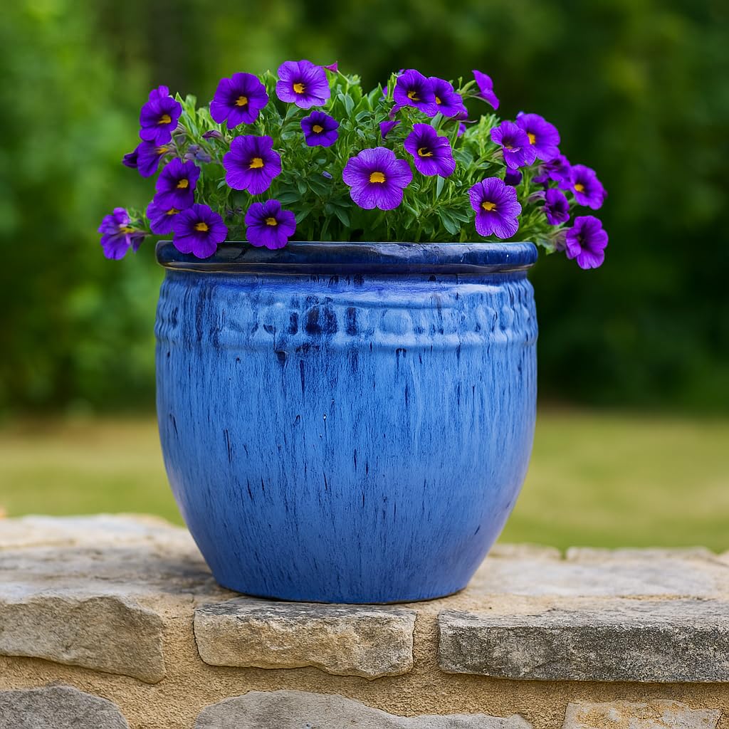 Steinzeug-Blumentopf/Pflanzkübel Coin Blau 26x25cm frostfest