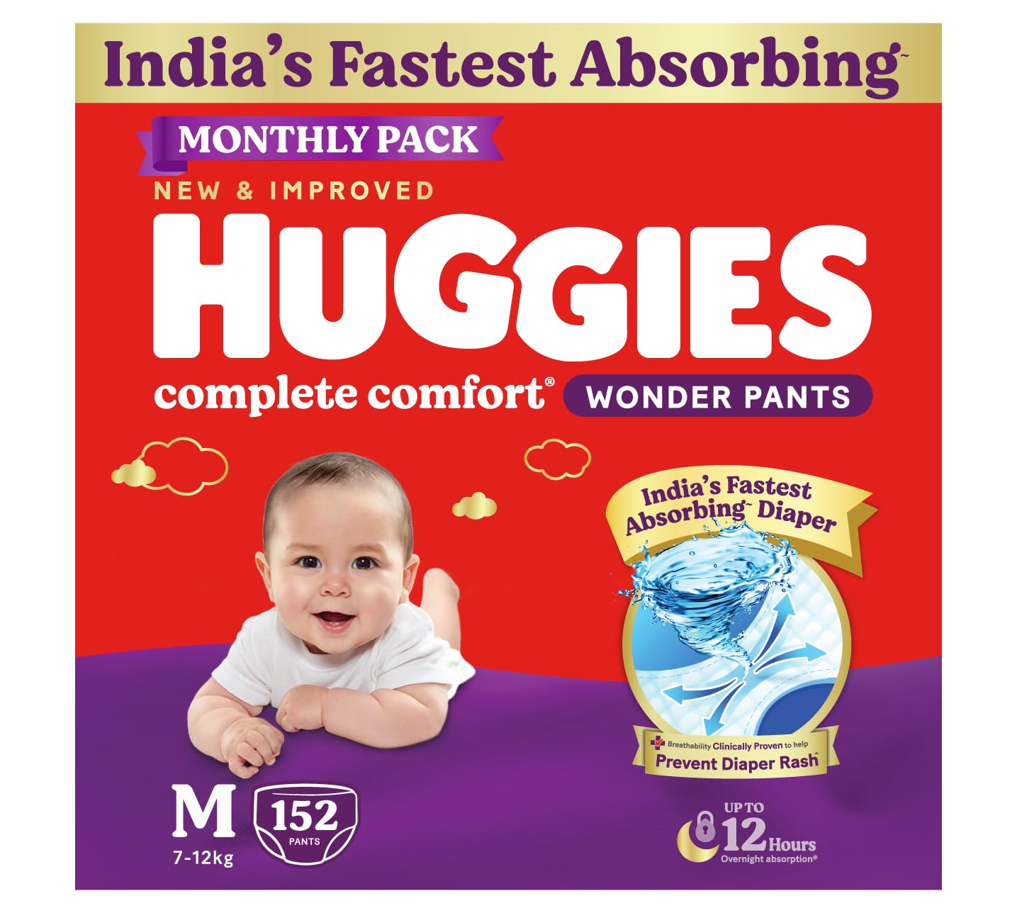 Huggies Complete Comfort Wonder Pants | Pant Style Baby Diapers Medium Size (M), 152 Count | India's Fastest Absorbing Diaper, Prevents Diaper Rash, Ideal for 7 to 12 Kgs (76 Count, Pack of 2)