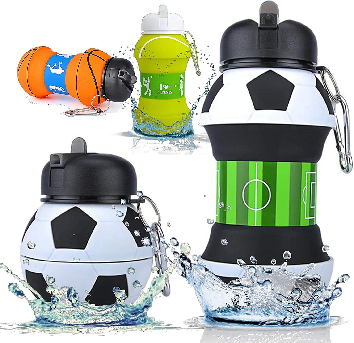 Klick&GO Silicone Water Bottle Design Sports and Football, Boys, Girls and Adults, Foldable, BPA Free, Very Durable