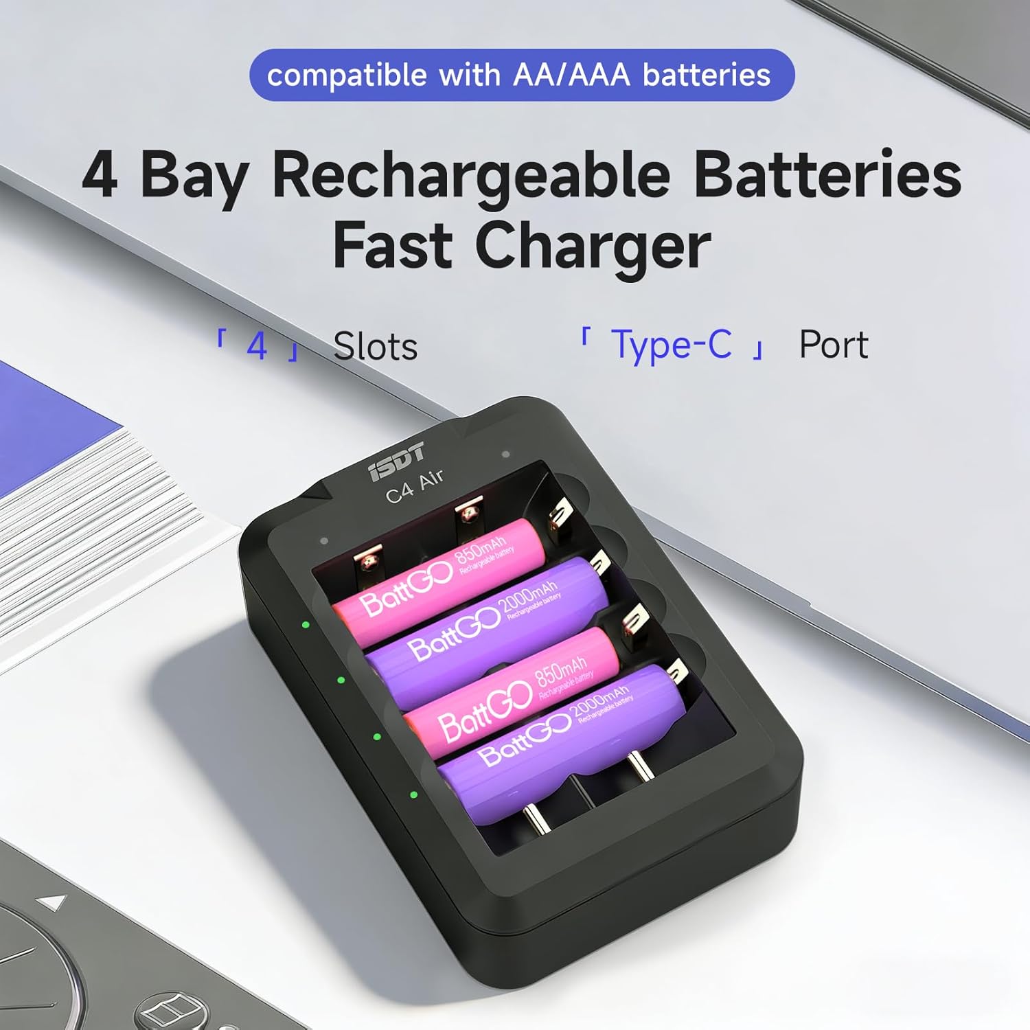 ISDT C4 Air 6-Bay 18650 Battery Smart Charger AA AAA Battery Charger with Type-C QC3.0 Output 4A 40W for AA Lilon 18650 Rechargeable Battery Charger, Fire Preventionn Material - Image 3