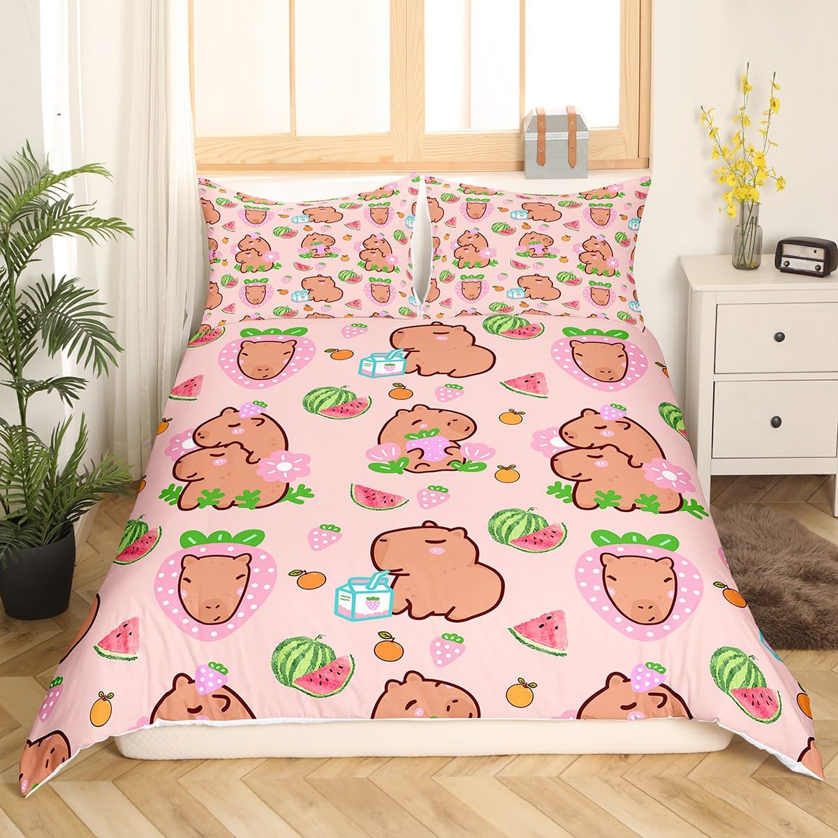 Set di biancheria da letto singolo per bambini e ragazze, con copripiumino per amanti dei capibara, decorazione per camera da letto di bambini e ragazze, copripiumino con motivo di roditori,