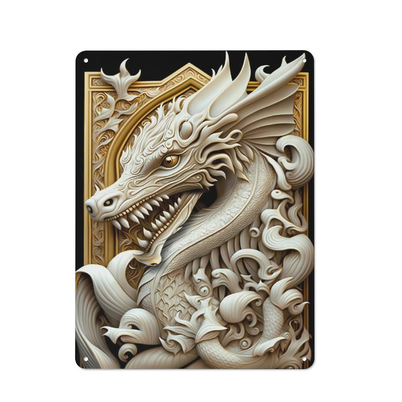 Junmoney Style-7 Metal Plaque 40X30cm With White Dragon Art Deco For Hallway Wall, Rustic Decor, A Metal Wall Feature For Hallways And Entrance Areas