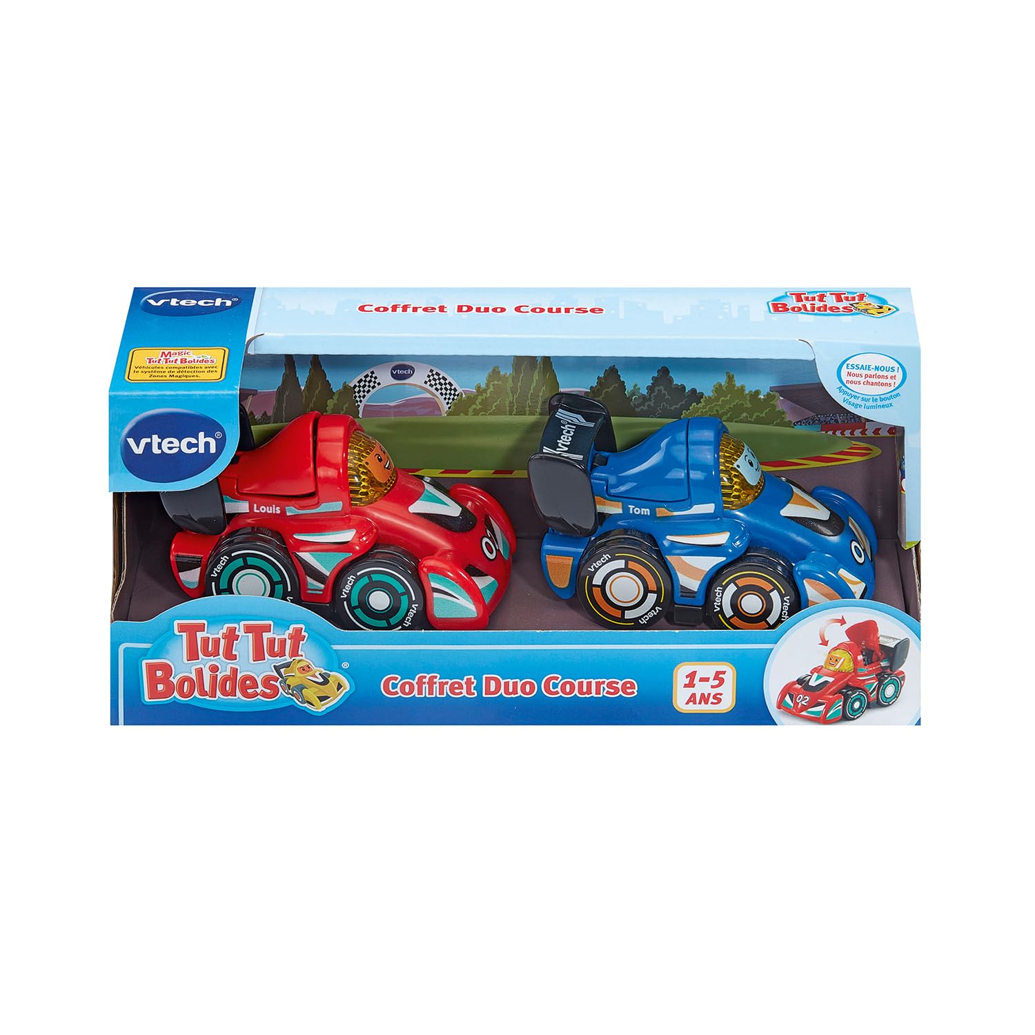 VTech - Tut Tut Bolides Coffret Duo Course - 2 Voitures Enfant, Louis Roi du Rallye et Tom Pro du Podium - Jouets Interactifs à Collectionner - Cadeau Enfant de 1 an à 5 Ans - Contenu en Français