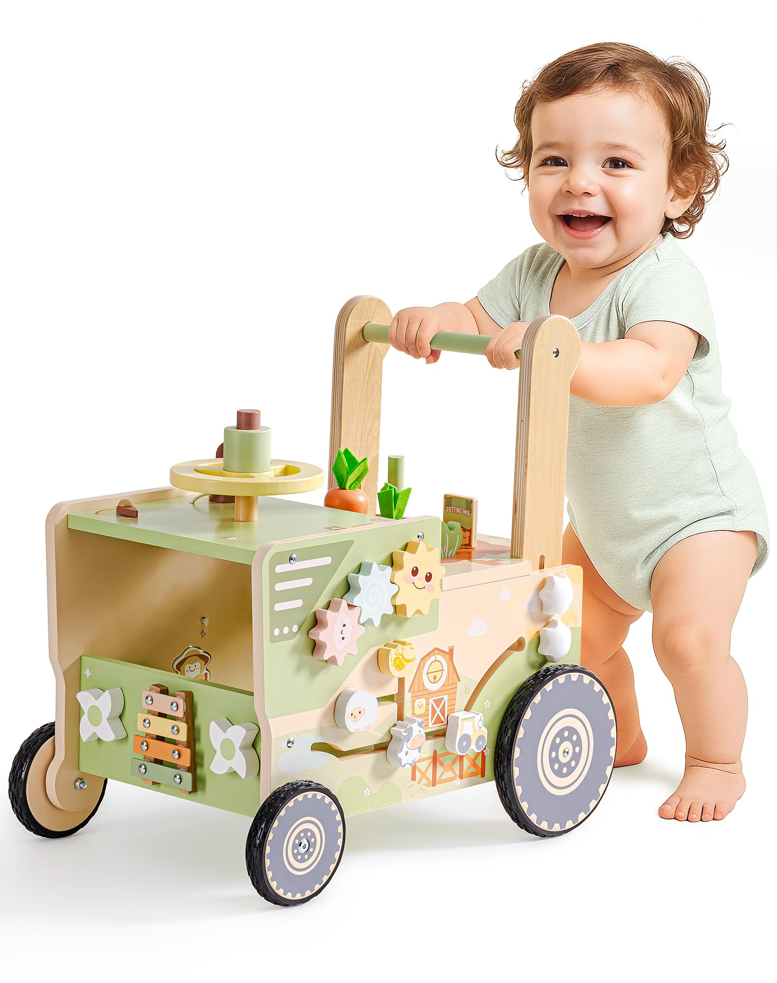 ROBOTIME Girello giocattolo in legno per bambini, con ruote, centro attività a tema fattoria per ragazze e ragazzi, velocità regolabile per imparare a camminare