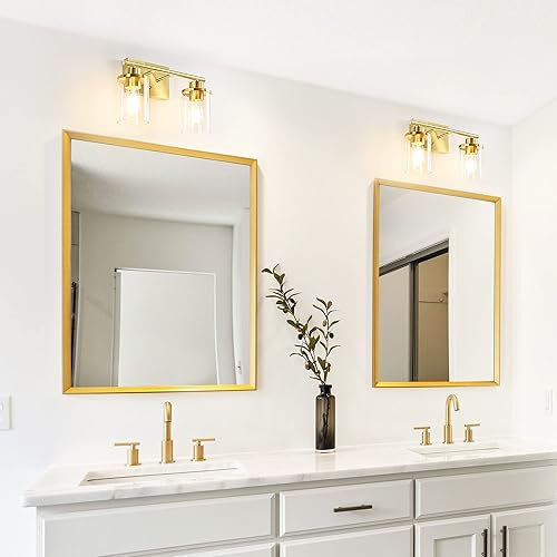 Miniatura 2 de EDISHINE Lámparas de baño, 2 luces doradas de tocador, apliques de pared modernos con pantallas de vidrio transparente para baño, tocador, tocador,