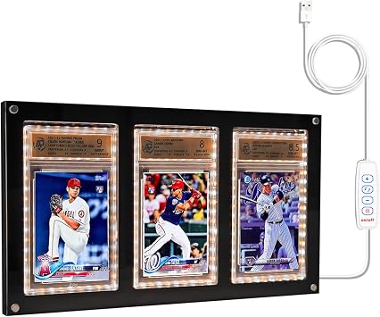 LED Acrylic Graded Card Display Frame for Collection - 3-Slot Light Up Case Compatible with PSA Slabs - 3-Color USB Backlight Wall & Desk Holder for TCG & Sports Cards Black