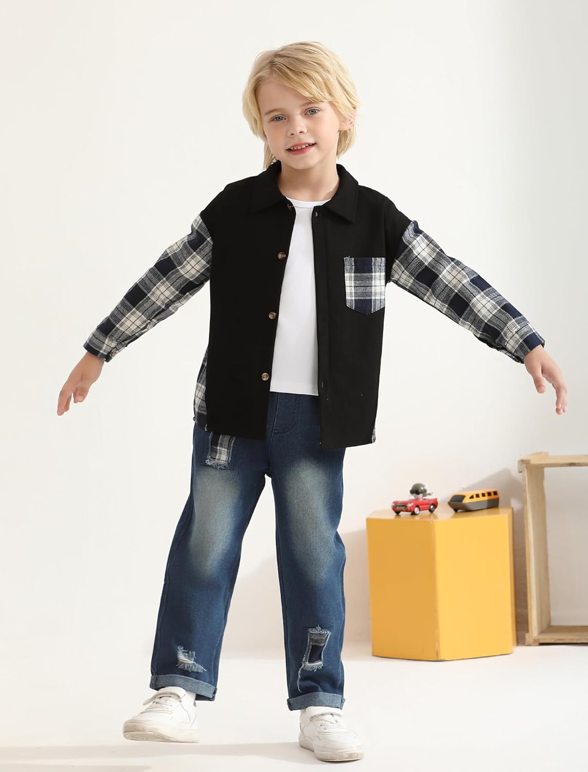 Toddler Baby Boy Clothes Flannel Long Sleeve Plaid Shirt Ripped Denim Jeans Outfit Set Boys Fall Outfits 2-6 Years - Image 5