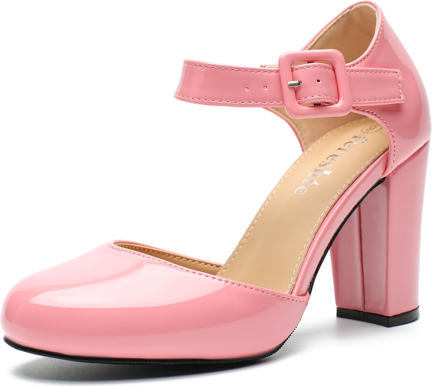 fereshte Women's Chunky Block Heel Mary Jane Pumps, Ankle Strap with Buckle, 3.54 Inch Dress Shoes