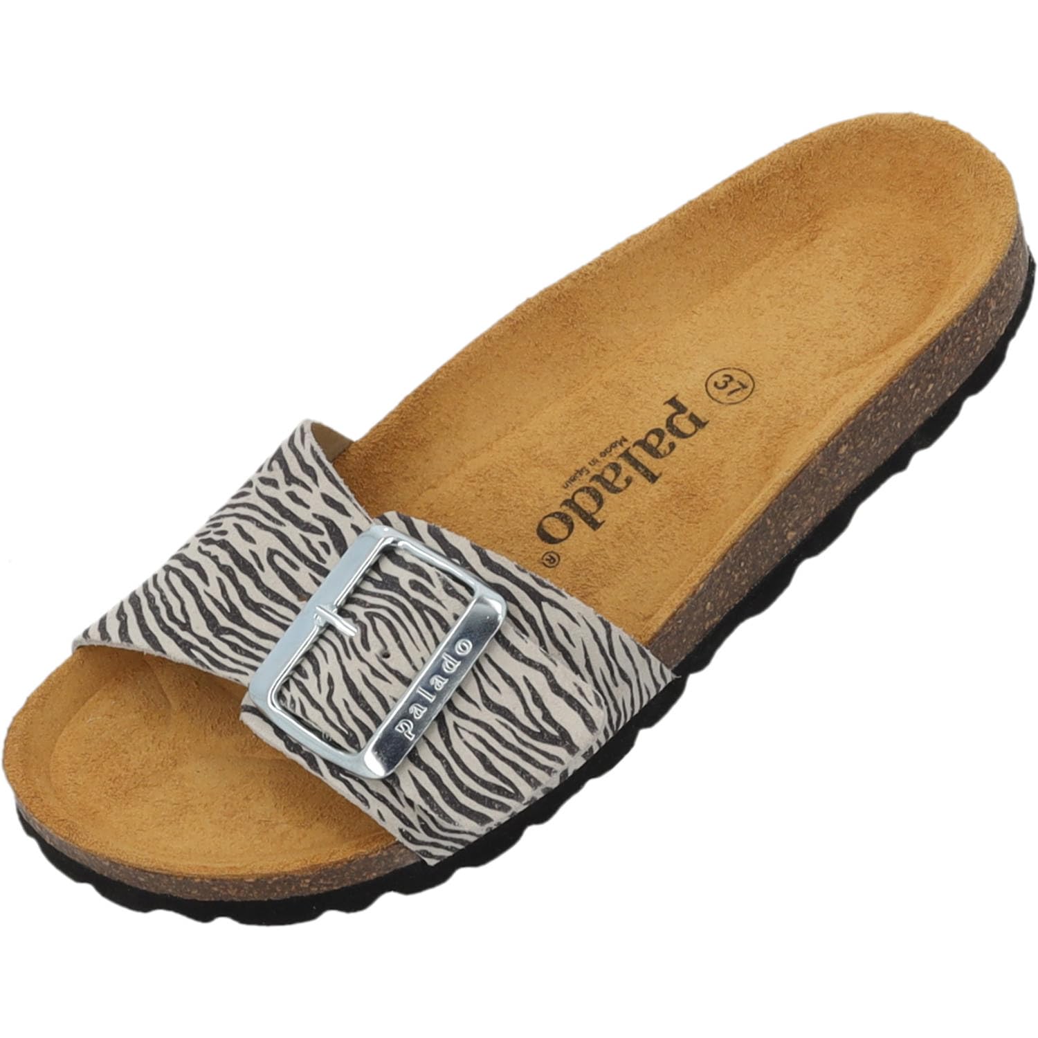 Palado Pantoletten Damen Malta EGS Zebra Premium Leather - elegante Sandalen Made in Spain - Hausschuhe mit Kork-Fußbett - bequeme Sommerschuhe