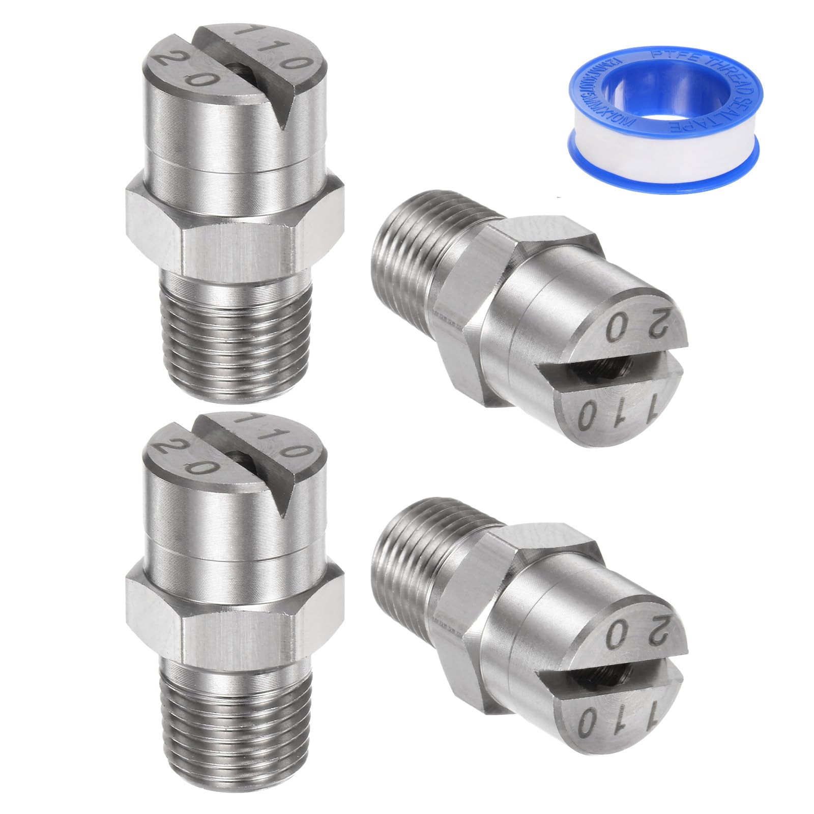 M METERXITY 4 Pack Flat Fan Spray Tip - 110 Degree 1/8BSPT Male Pressure Washer Nozzles Cleaner Nozzle Replacement, Stainless Steel with Sealing Tape, Apply to Water Guns (2.8mm Orifice)