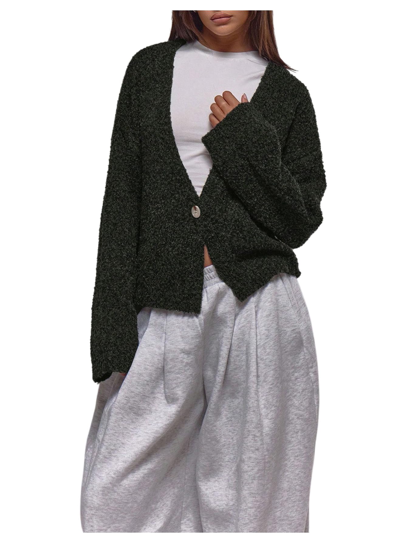 Milumia Womens Deep V Neck Fuzzy Cardigan Casual Drop Shoulder Long Sleeve Oversized Knitted Sweaters