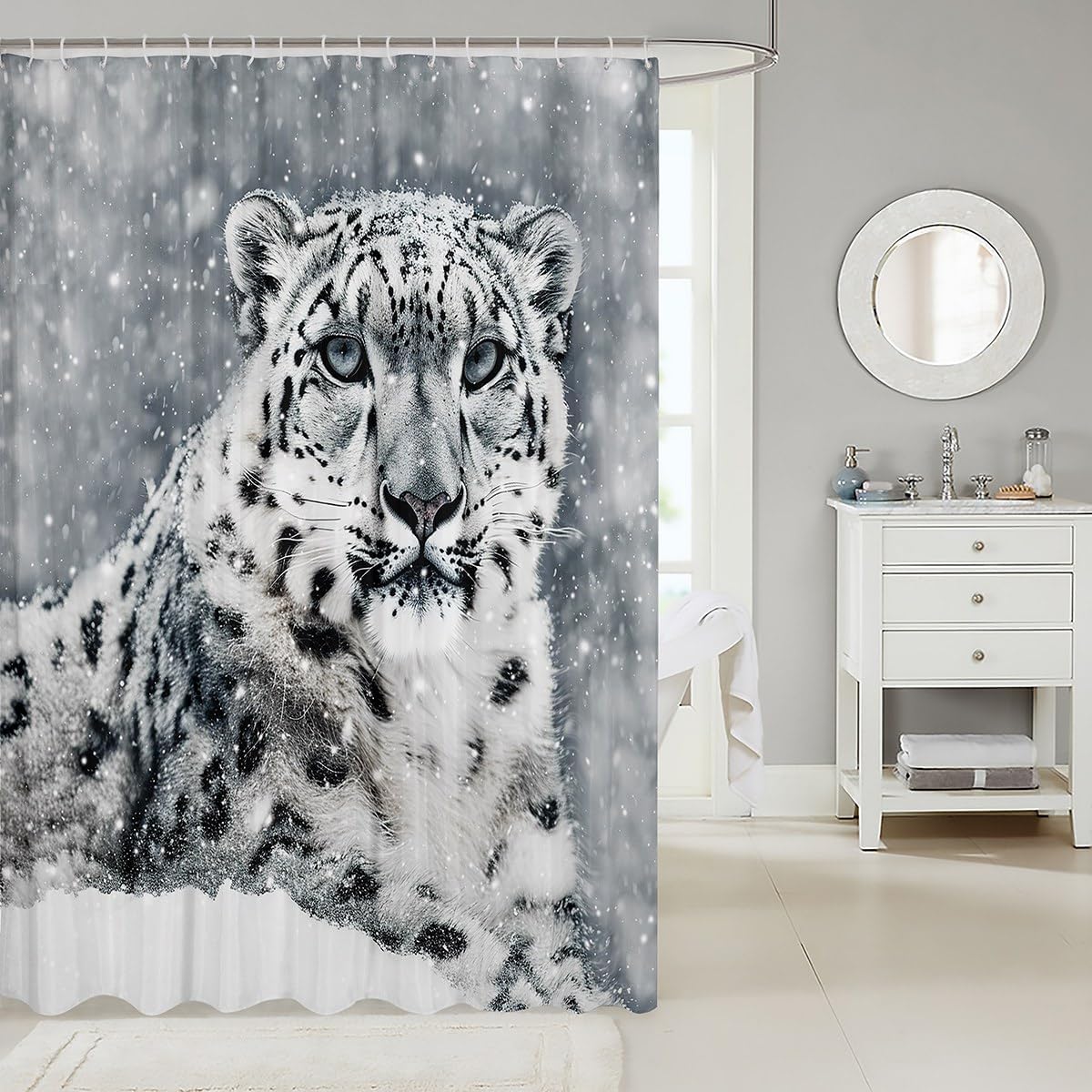 Snow Leopard Shower Curtain Cheetah Wild Animal Print Bath Curtain, Winter White Snow Decor Waterproof Fabric Bathroom Accessories with Hooks for Kids Girls Boys Teens, for Bathtubs 72Wx78L Inch
