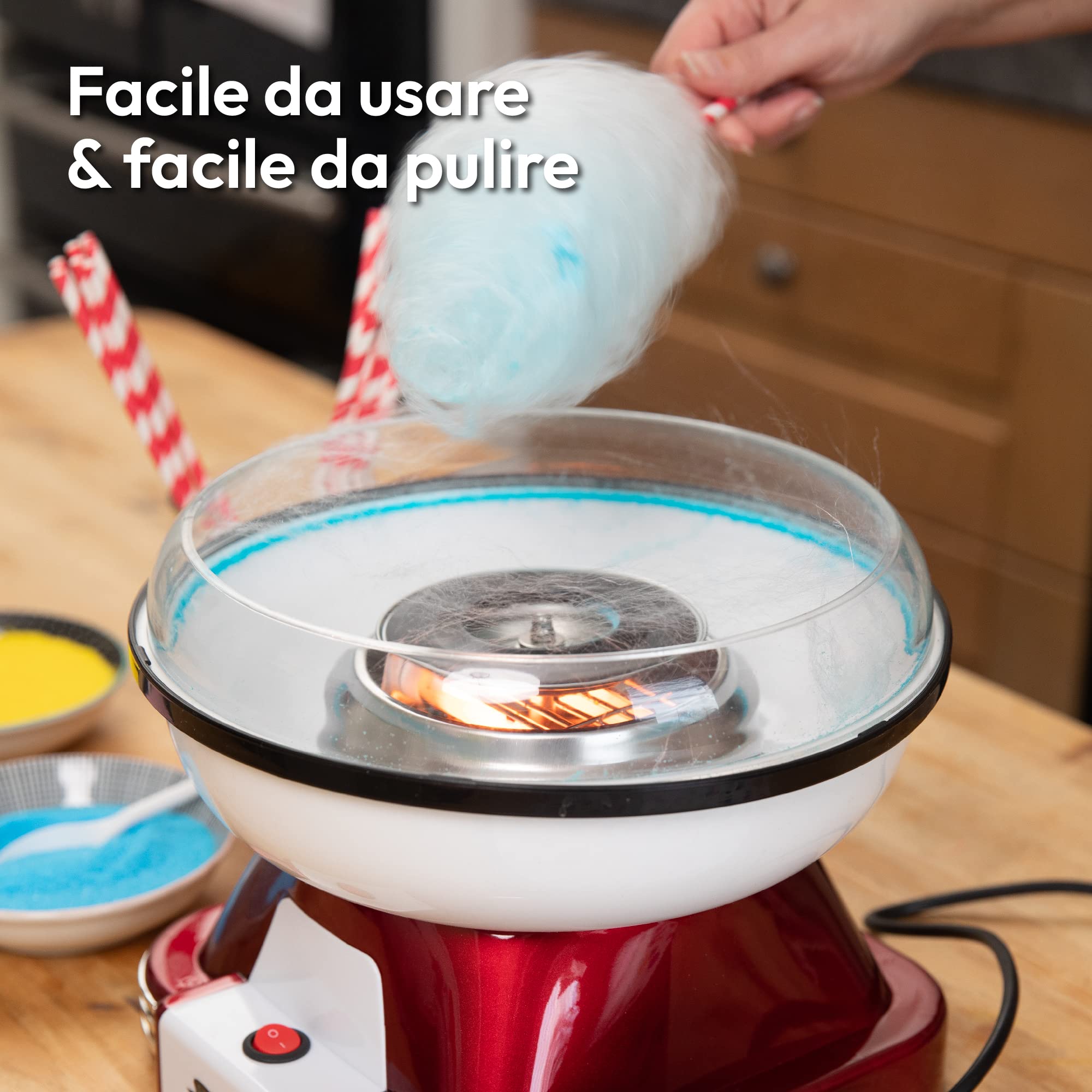 Macchina per Zucchero Filato Gadgy 500W – Macchina Retrò per Casa – Preriscaldamento 5 min – Per Zucchero normale e Caramelle – Incl. 10 Bastoncini e Misurino – 22 cm Rosso/Bianco
