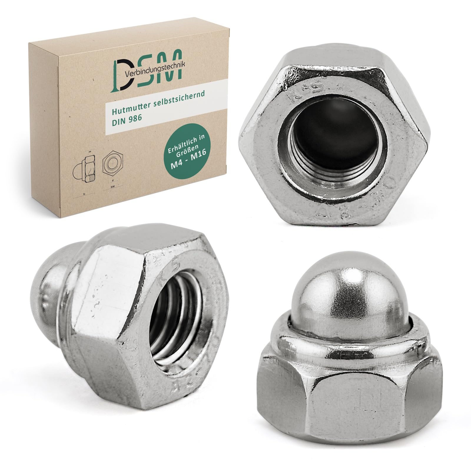 DSM I Tuercas de sombrero M16 I autobloqueantes según DIN 986 I Acero inoxidable A2/V2A I Tuercas hexagonales con pieza de sujeción de poliamida, tuercas de seguridad inoxidables, tuercas de bloqueo,