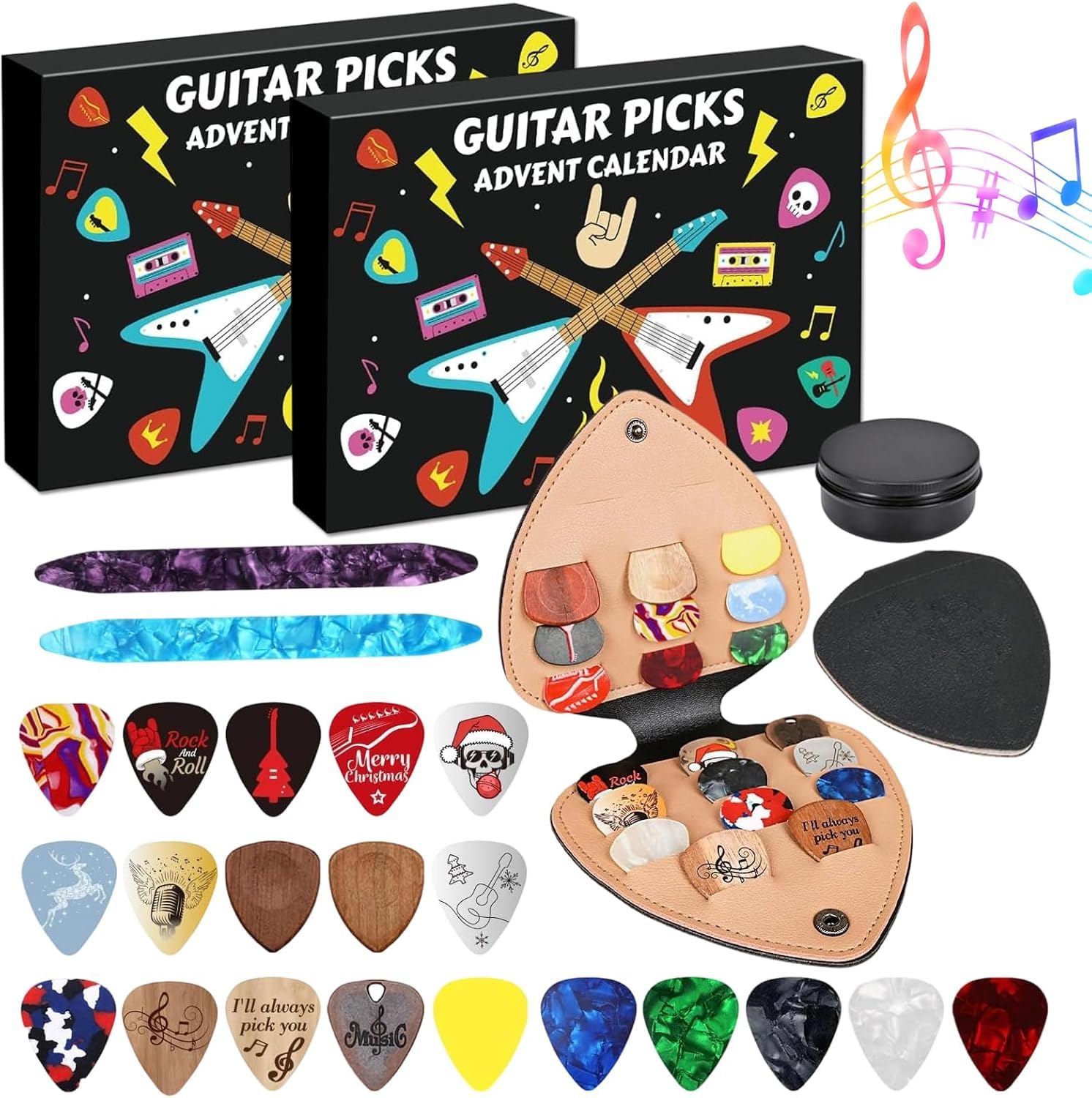 Guitar Picks Advent Calendar 2025, 24 Rock Around Music with 20 Picks and 2 Oud Pick Pick Holde Christmas Gift for Guitar, Bass, Ukulele Players (2 PC)