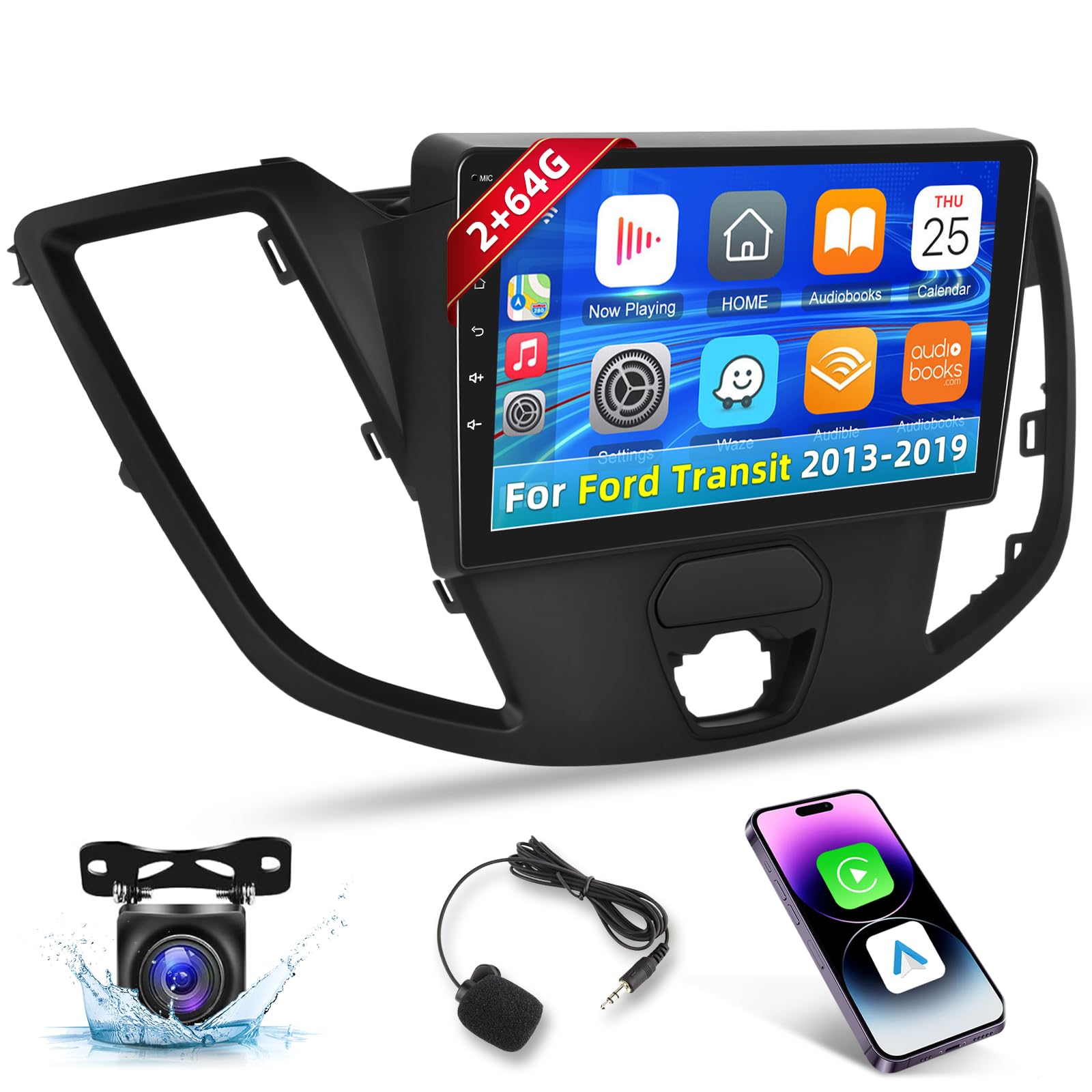 2+64G Android Car Radio for Ford Transit 2013 2014-2019 - Wireless Carplay & Android Auto - 9 Inch Touchscreen Stereo with WiFi/EQ/GPS Navigation, AHD Backup Camera
