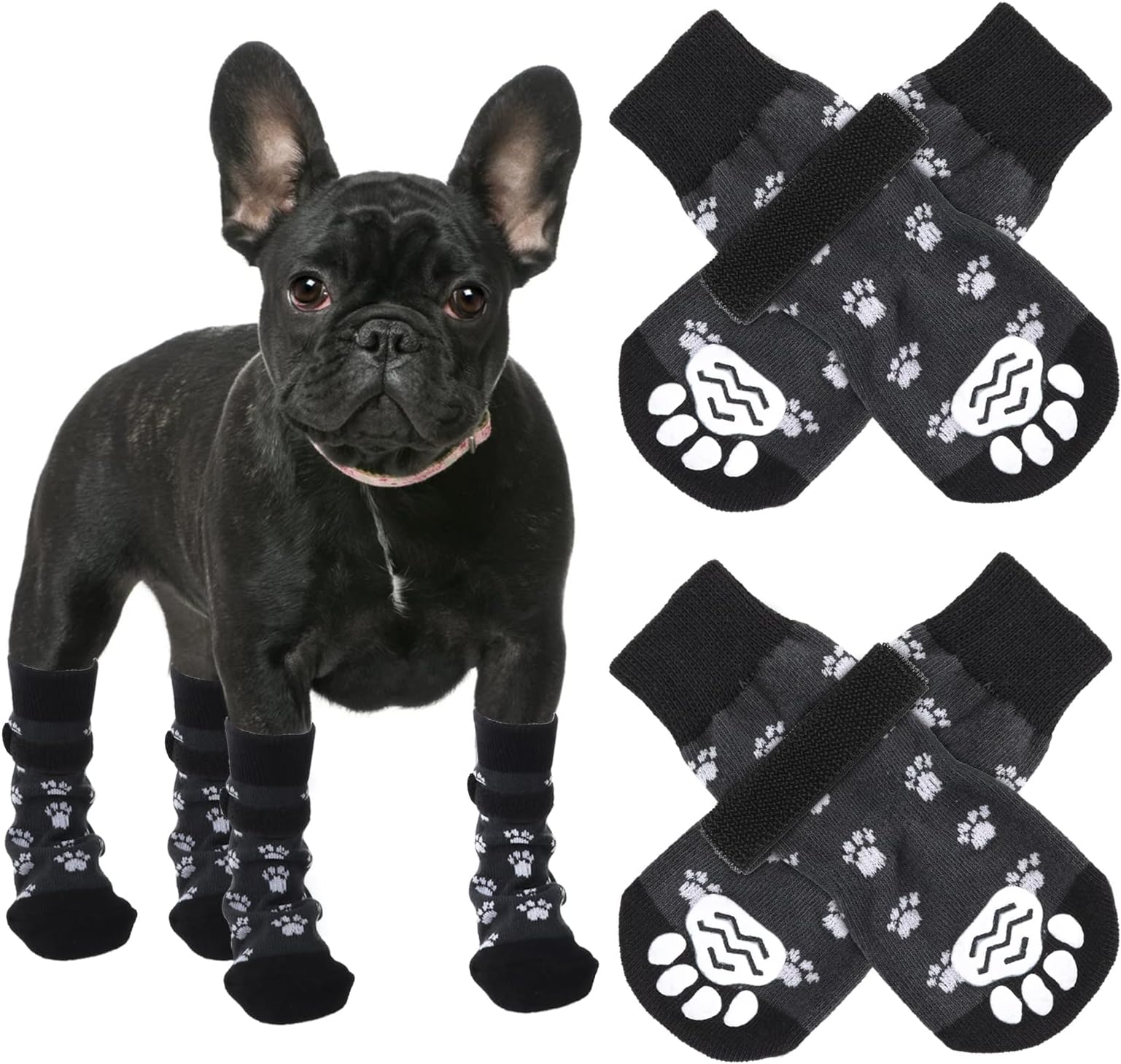 Cobee Dog Socks, 4 Pcs Non-Slip Pet Paw Protector with Adjustable Straps for Indoor Outdoor Wear Winter Puppy Socks with Grips Traction Control for Small/Medium Dog Cold Weather Socks(M Size, Black)