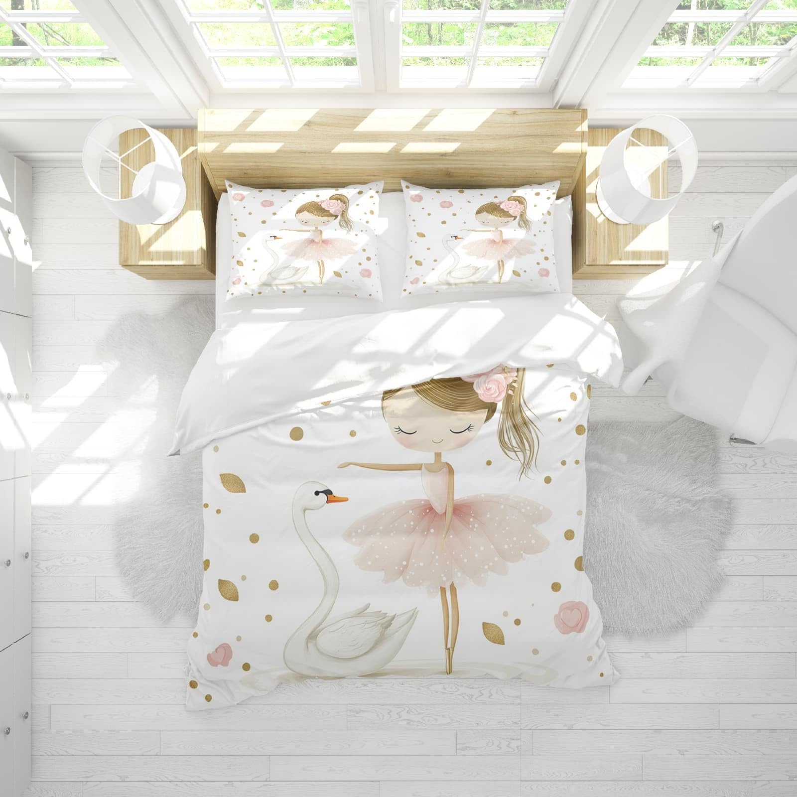 Set Copripiumino Modello di Ballerina Dei Cartoni Animati Matrimoniale 3 Pezzi in Microfibra, Copripiumino 240x220 cm e 2 Federe, Parure Biancheria da Letto Bianco per Adulti, Bambini e Adolescenti