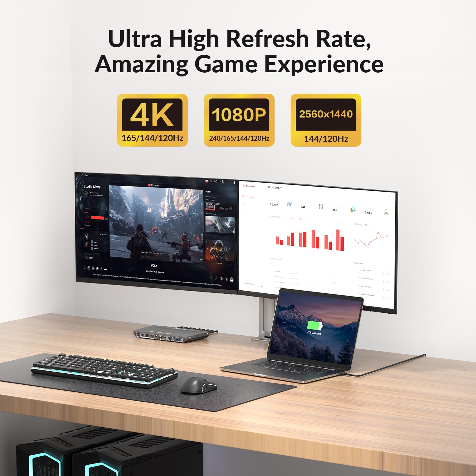 Docking station AV Access KVM Switch 1 laptop e 2 PC desktop, doppio monitor 4K a 60Hz, emulazione EDID, ricarica USB-C da 100 W, Gigabit Ethernet, alte velocità di aggiornamento, ideale per giochi