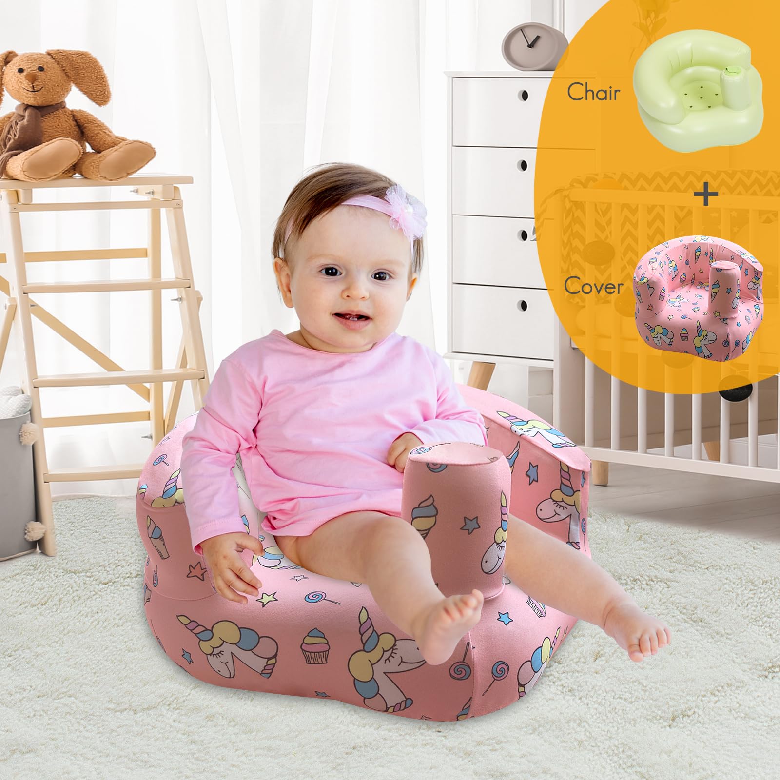 Dormlony Inflatable Seat for Babies 3 Months and up with Removable Cover,Built in Air Pump Baby Support Seat for Sitting Up (Unicorn)