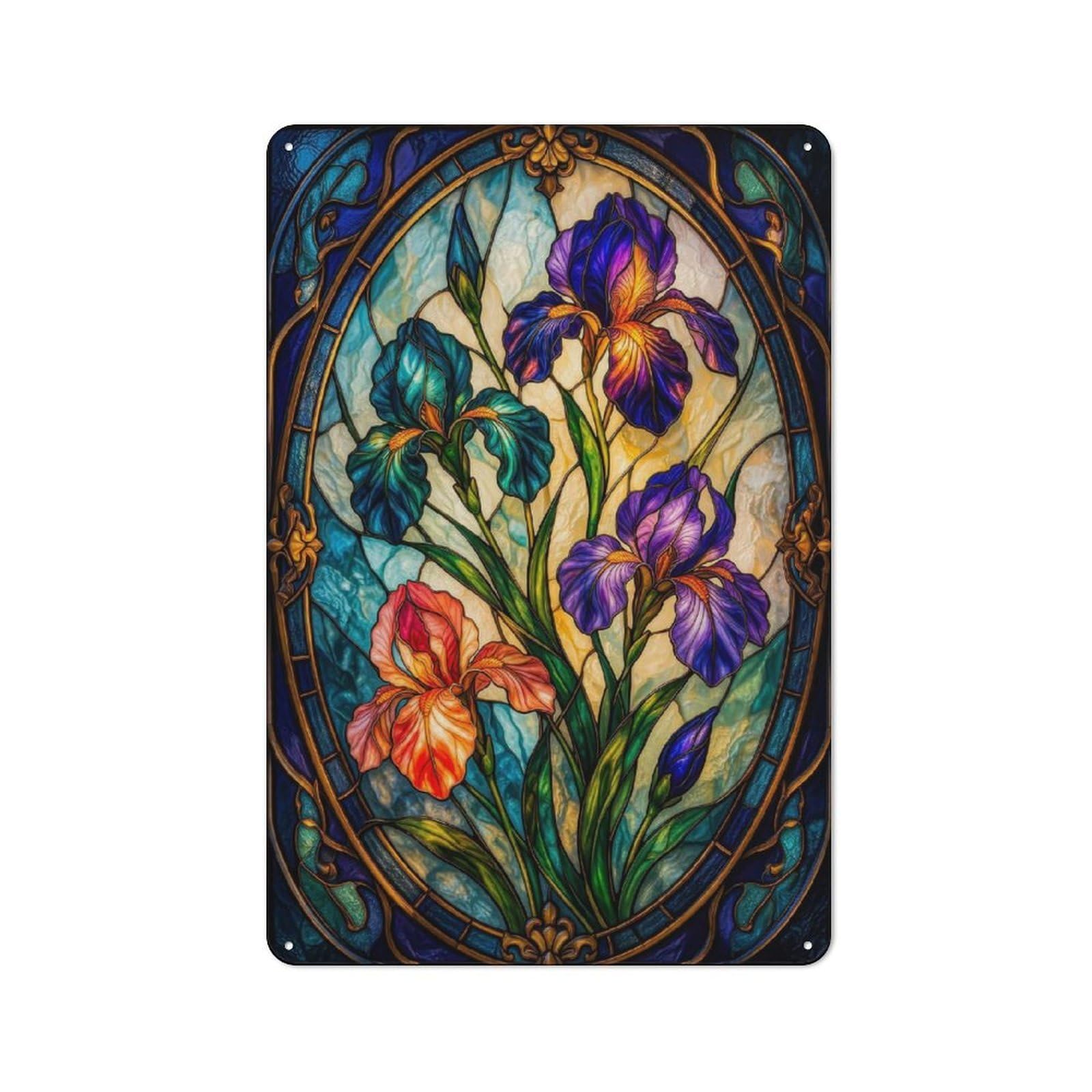 Junmoney Style-21 Stained Glass Irises(2) Everyday Metal Wall Decor 30X20cm, Decorative Tin Plaque For Flat, Dorm Room, Lounge Or Cafe