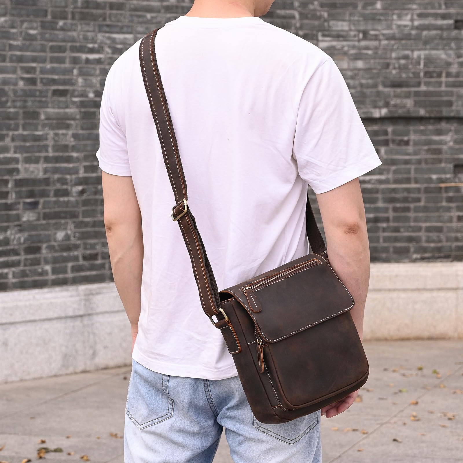 Sac Croisé pour Hommes Cuir Véritable Sacoche Bandoulière Vintage Petit Sac pour iPad 9,7 Pouces Business Sacs à Bandoulière