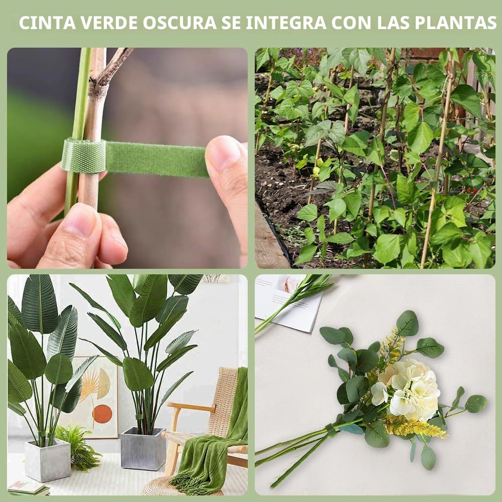 Cinta adhesiva para plantas con velcro, 15 m, color verde, resellable, de doble cara, 10 mm, autoadhesiva, para trepar, multiusos, resistente a la intemperie