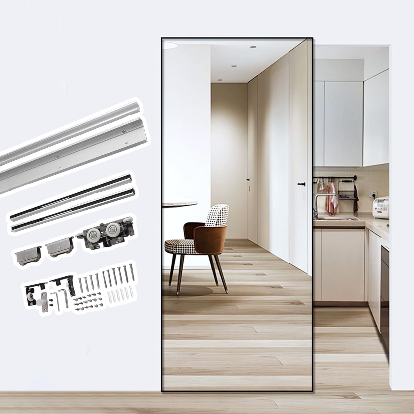 Trackless Ghost Mirror Sliding Door Hardware Kit, Aluminum Pocket Door Track with Soft-Close, Wall Mounted Invisible Barn Closet Door System(31.5in(80cm))