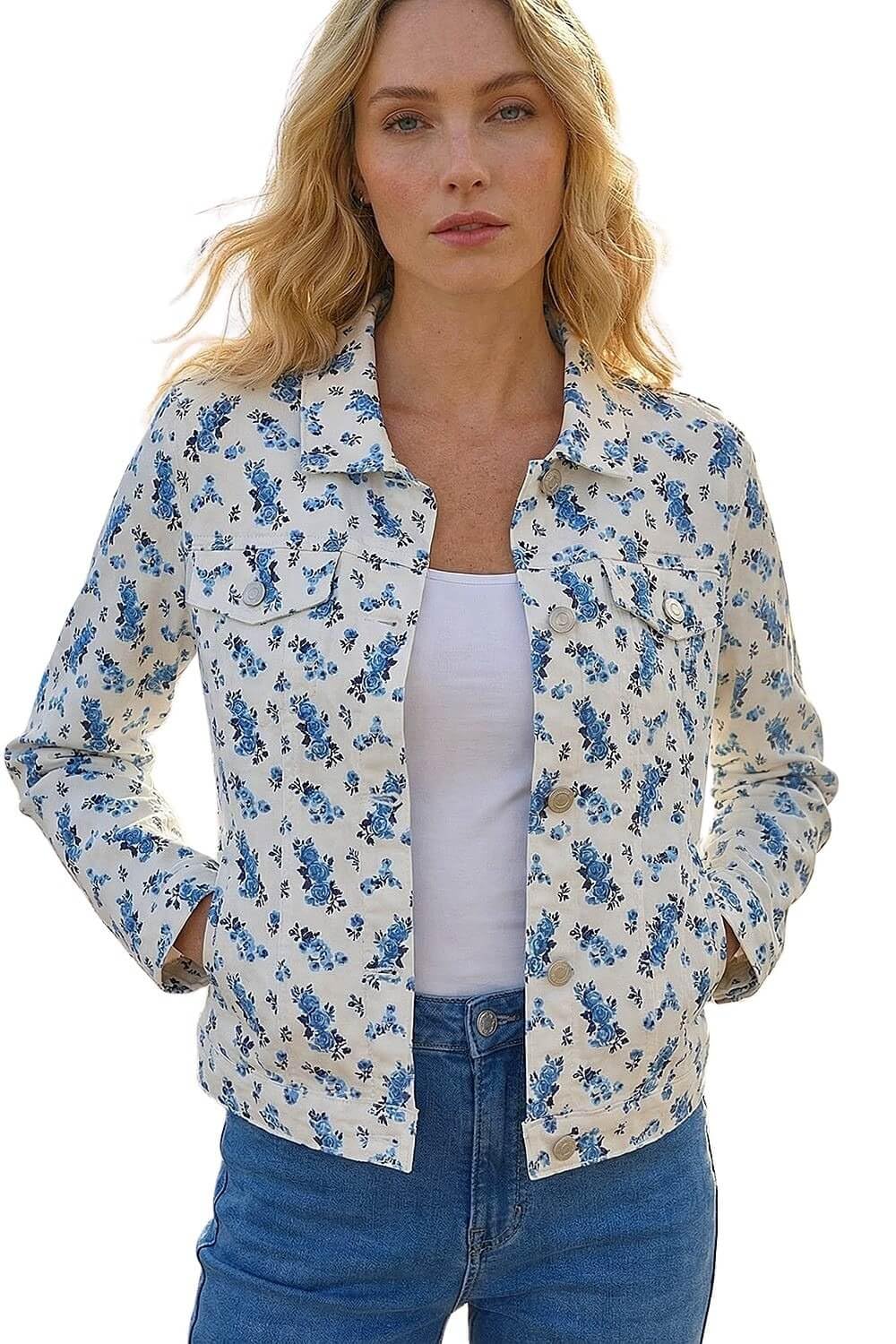 Roman Originals Stretch Jacket for Women UK - Ladies Denim Jean Summer Coat Bengaline Casual Smart Utility Trucker Biker Fitted Classic Work Spring Soft Vintage - Floral Ivory - Size 18