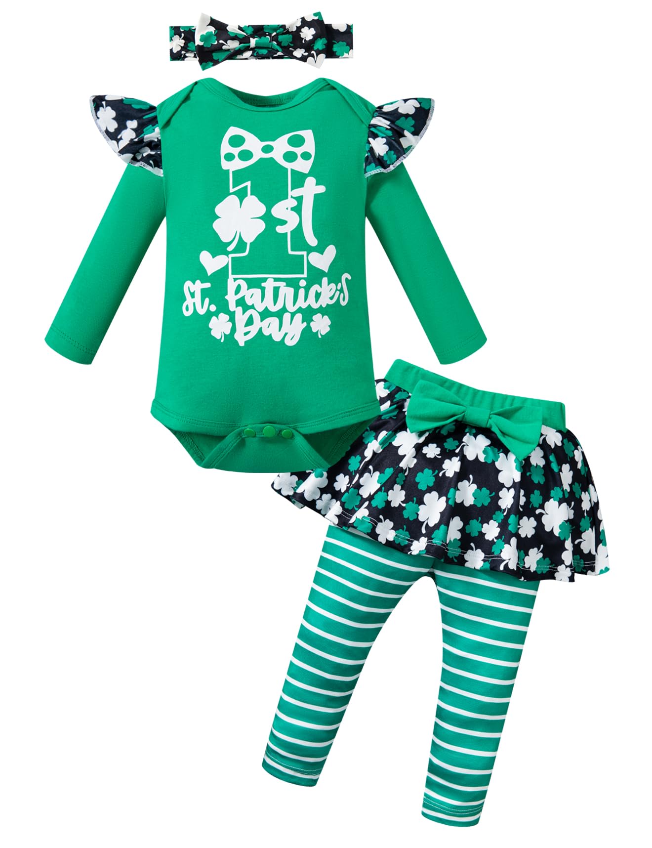 Yruiz Baby Girls My First St Patrick's Day Romper Outfit Long Sleeve Clothes Green Skirt Newborn Dress Bodysuit Pants Set?9-12 Months?