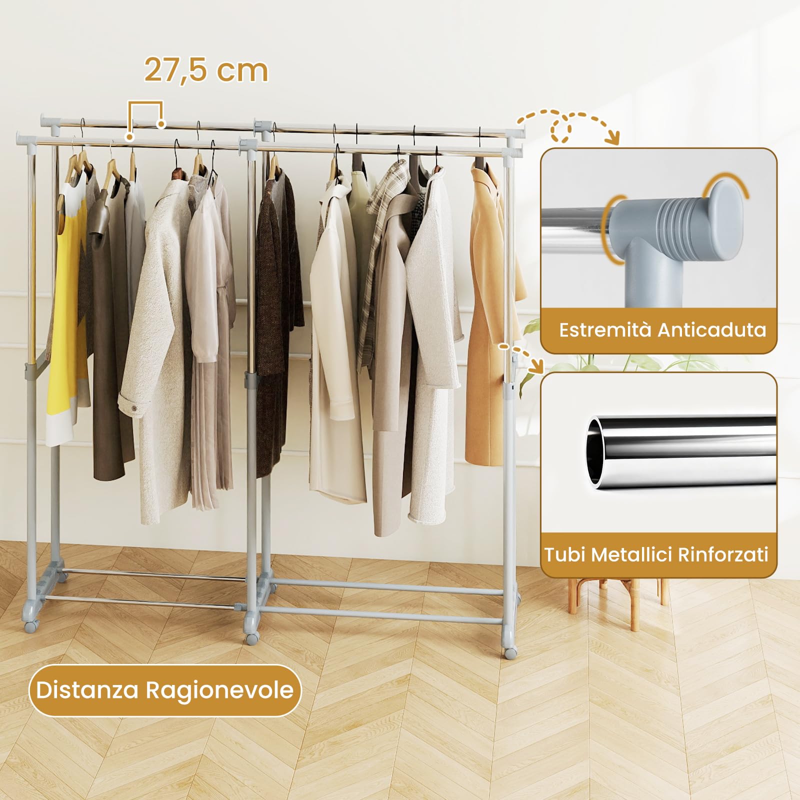 RELAX4LIFE Stand Appendiabiti con Ruote, Doppia Asta in Metallo con Altezza o Larghezza Regolabile, 4/6 Ruote Girevoli con 2 Bloccabili, Appendiabiti Robusto e Portatile per Lavanderia (Stile1)