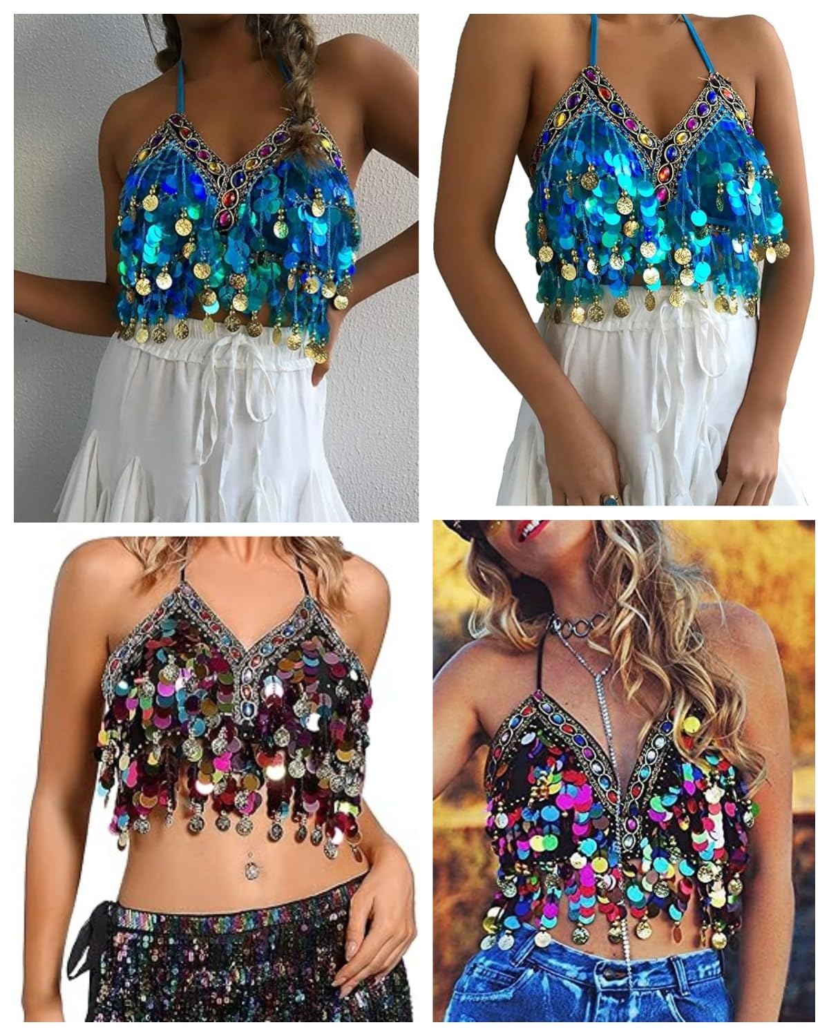 Sujetador con lentejuelas para danza del vientre, top corto brillante cuello halter flecos