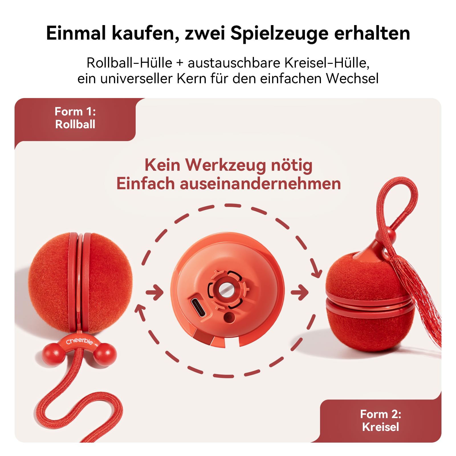 Cheerble 2 in 1 Interaktives Katzenspielzeug, Wicked Ball Duo2, Rot | Elektrisch rollender Katzenball und Kreisel mit 3 Modi & 6 Kombinationen, Zwitschern, LED-Lichtern, Perfektes für Katzen