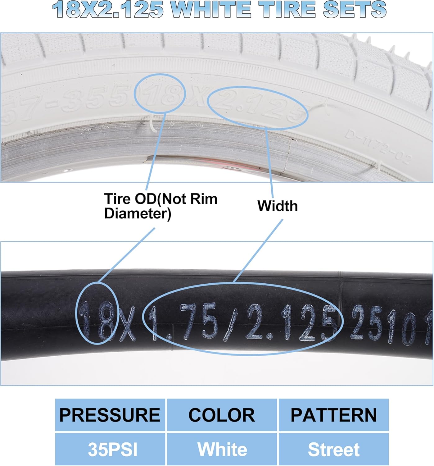 2 Sets 18 Inch Kids Bike Tire White Color, 18x2.125 Street Bike Tire and Tube Straight Stem Compatible with BMX Joystar Balance Bike Road Bicycle Folding Bike