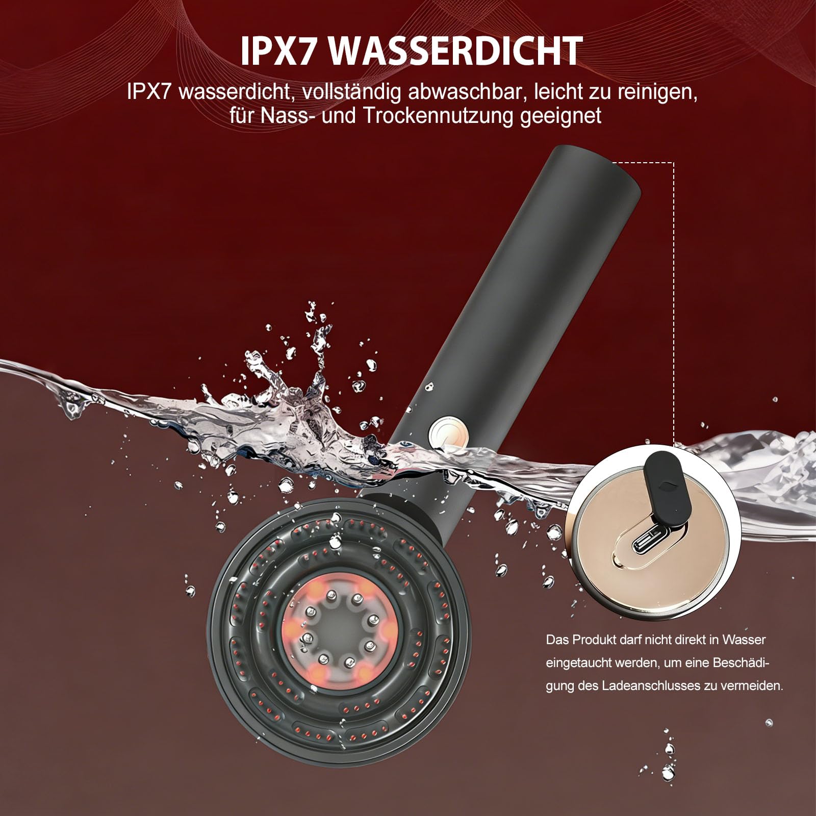 3-in-1 Rotlicht Haarbürste Elektrisch Kopfmassagegerät mit 6ML Haaröl Applikator, Kopfhautmassage mit Rotlicht/Blaulicht/Mischlicht, IPX7 Wasserdicht