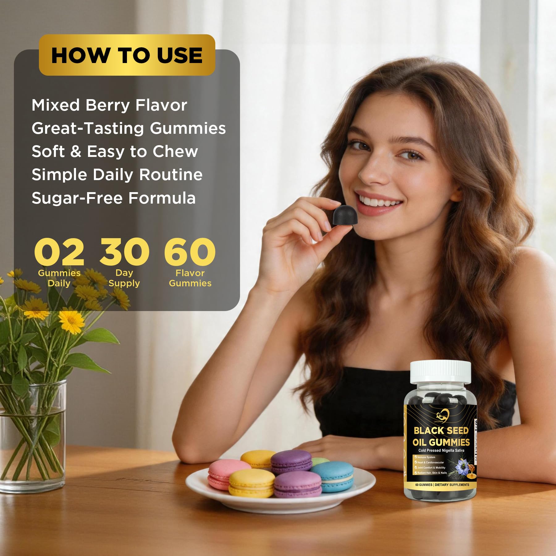 Black Seed Oil Gummies for Women 1000mg, 2% Thymoquinone Cold Pressed Nigella Sativa Extract – Black Cumin Seed Oil Supplement, Omega 3 6 9 for Daily Wellness, Hair & Skin Support – 60 Gummies — Amazon image 7