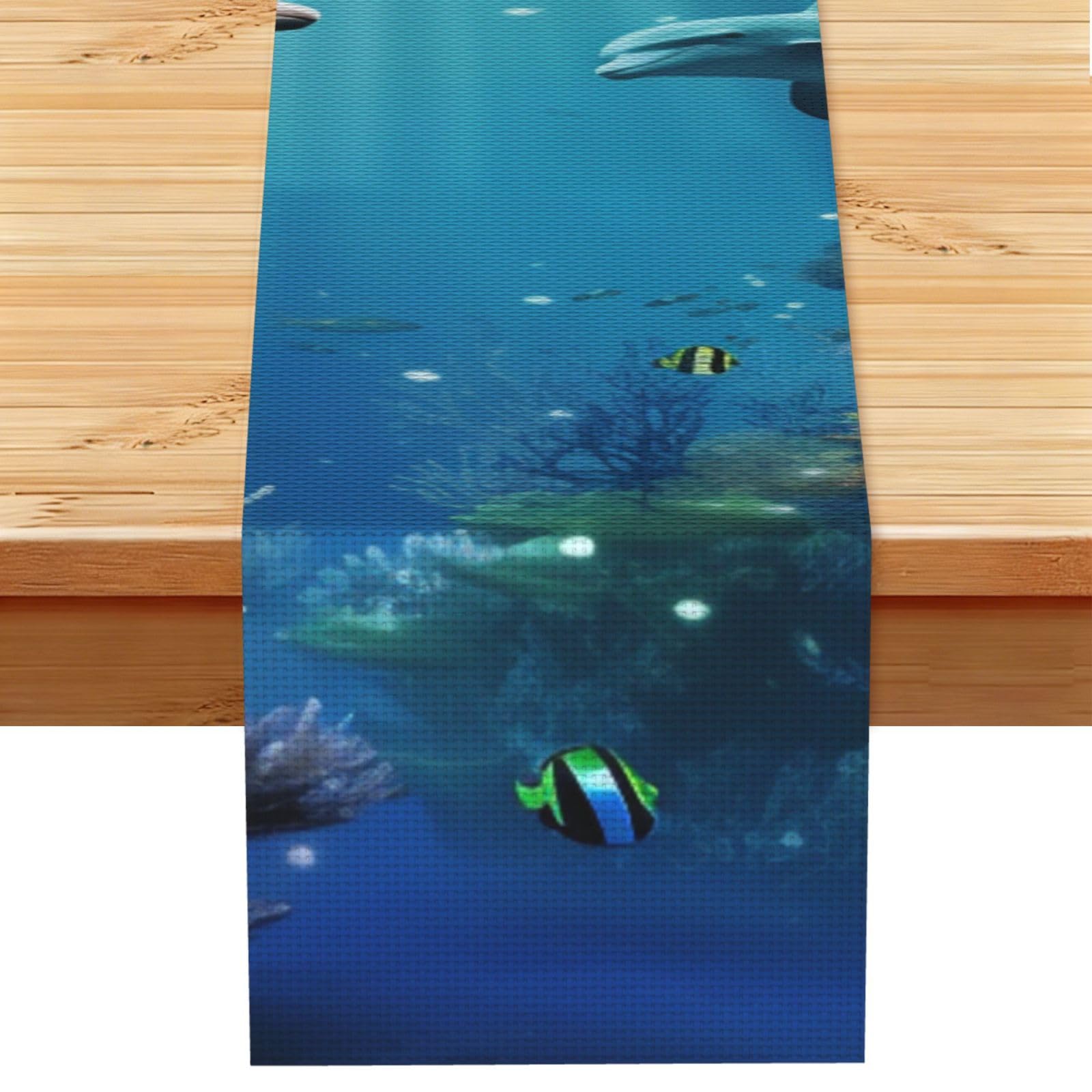 Blue Ocean Underwater Fish Table Runner 13 x 72 Inches Long, Cotton Linen Table Runners for Kitchen Dining Table Decoration - Washable Tablecloth Modern Tablerunner for Home Party Decor