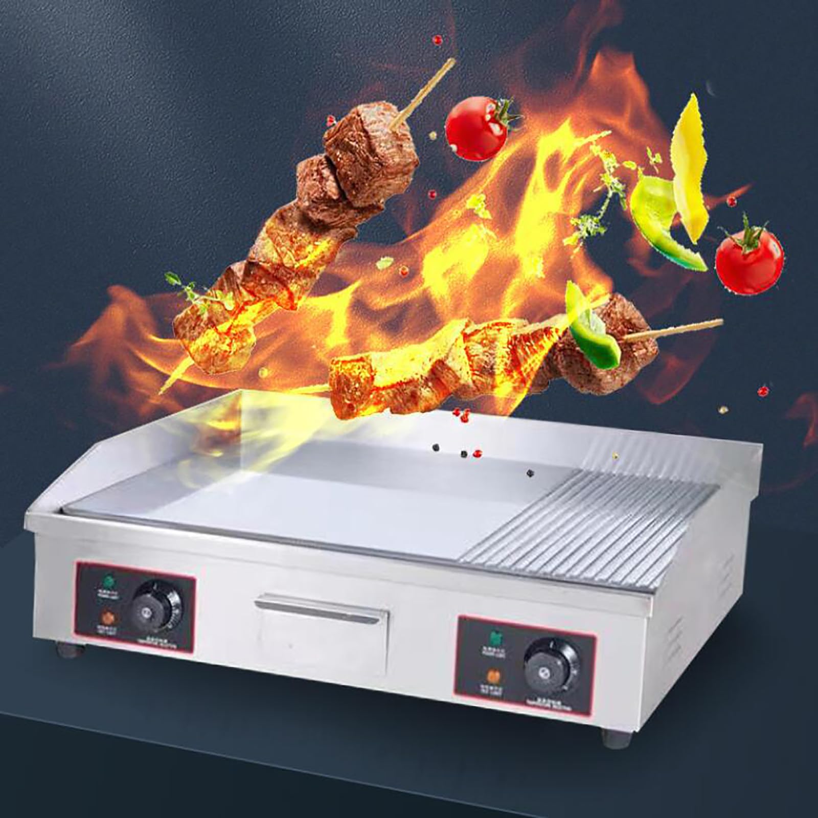 Catering Plancha Eléctrica Fry-Top para Cocina Parrilla Profesional Termostato 50°C A 300°C(Placa Ondulada + Lisa De730 X 400 Mm, 4400 W, Antisalpique) Inoxidable Antiadherente
