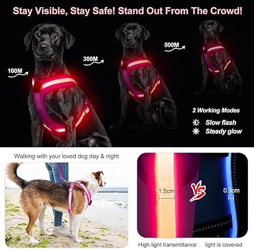 Miniatura 4 de Arnés para perro con luces LED, recargable, sin estrangulamiento, con luz solar, chaleco impermeable para perros medianos y grandes, XL, para